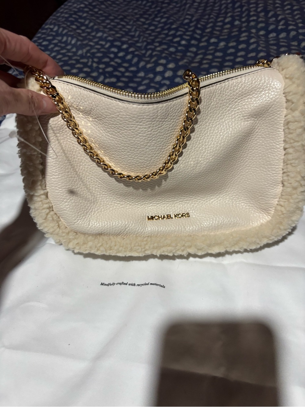 Michael Kors Cream Leather Shoulder Bag with Shearling Trim and Gold Chain